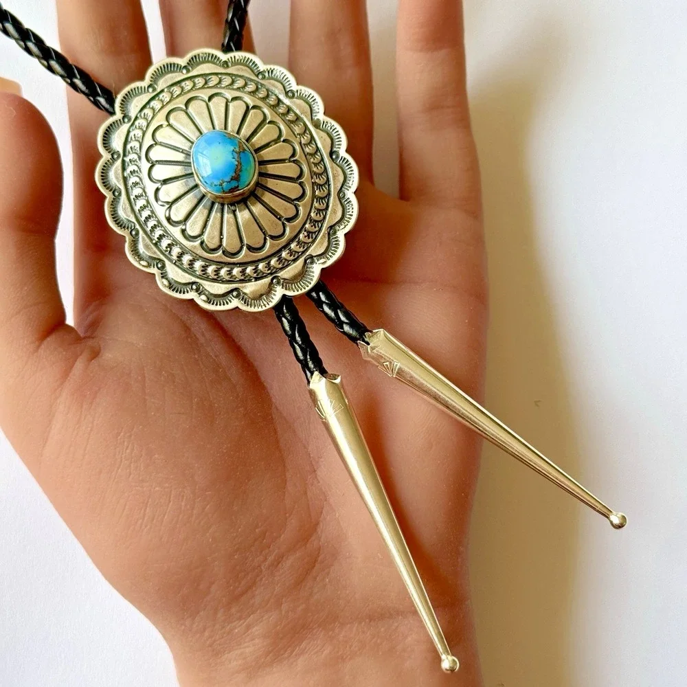 Navajo Golden‎ Hills Blue Turquoise Bolo Tie Sterling Signed TF Native American